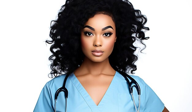 Ritratto di bella infermiera afroamericana con stetoscopio