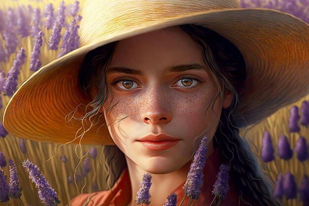 Ritratto di bella ragazza in cappello di vimini sul campo di lavanda profumato