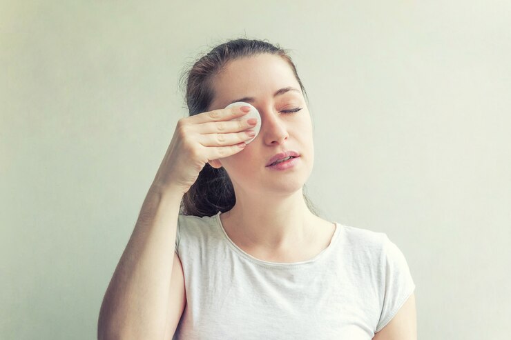 Ritratto di bellezza di donna sorridente con pelle morbida e sana che rimuove il trucco con un batuffolo di cotone isolato su sfondo bianco. Concetto di relax spa detergente per la cura della pelle