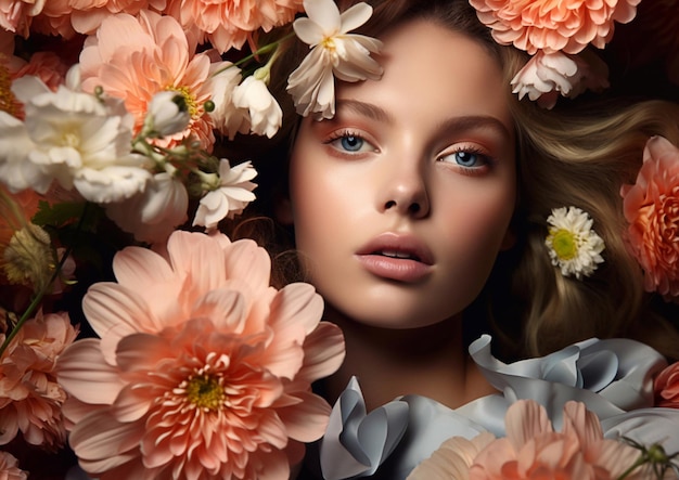 Ritratto di bellezza di moda di una bella donna con fiori di fiori rosaAI Generative