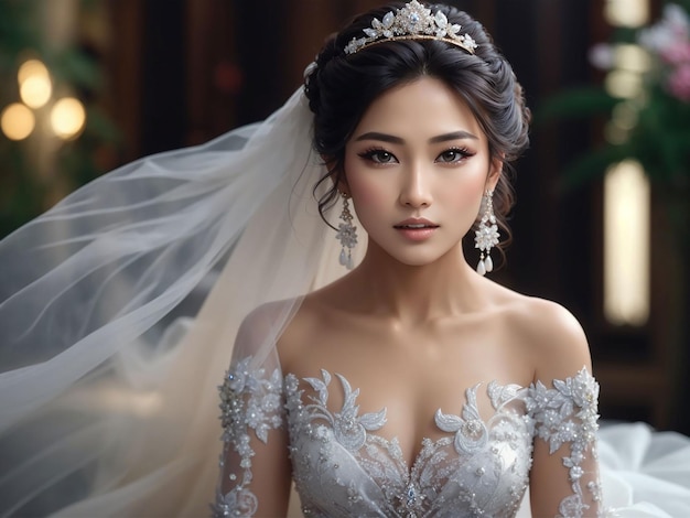 Ritratto di bellezza di una splendida sposa asiatica che indossa un vestito da sposa di lusso con un anello di diamanti