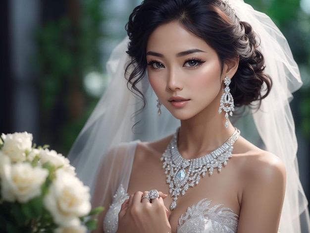 Ritratto di bellezza di una splendida sposa asiatica che indossa un vestito da sposa di lusso con un anello di diamanti