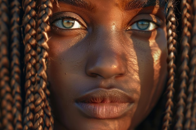 Ritratto di bellezza estrema di una giovane donna africana che mostra lunghi capelli intrecciati accanto al viso