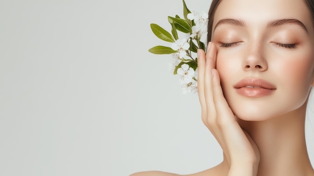 Ritratto di bellezza naturale con fiori e espressione serena che evidenzia la cura della pelle e il benessere