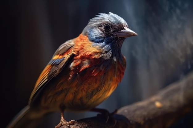 Ritratto di bellissimo uccellino colorato in fotografia macro in primo piano su sfondo scuro IA generativa