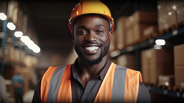 Ritratto di Black People Male Engineer in Safety Vest e Hardhat Professional Black People Man Working in the Modern Manufacturing Factory Generativo Ai