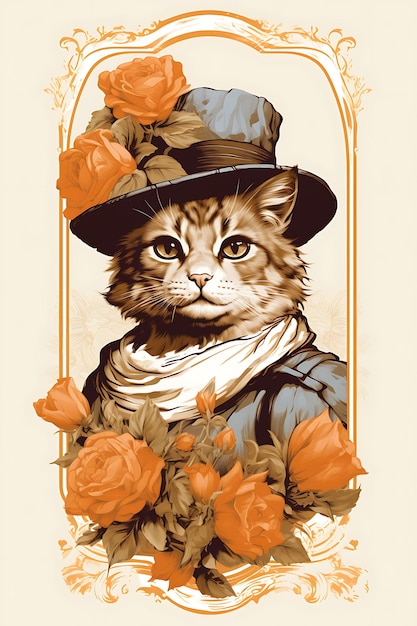 Ritratto di Bobcat che indossa un grande cappello con un poster vintage di Southern Belle P 2D Flat Design Art