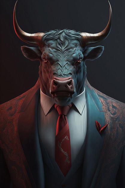 Ritratto di bufalo in abiti umani su sfondo scuro