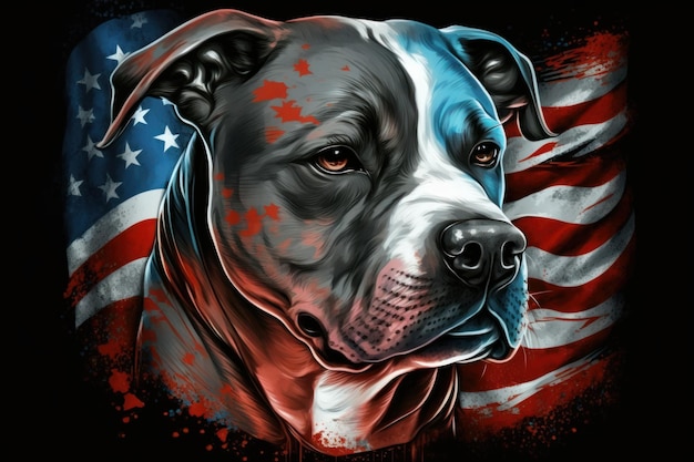 Ritratto di cane American Staffordshire Terrier con bandiera americana sullo sfondo Illustrazione dell'IA generativa