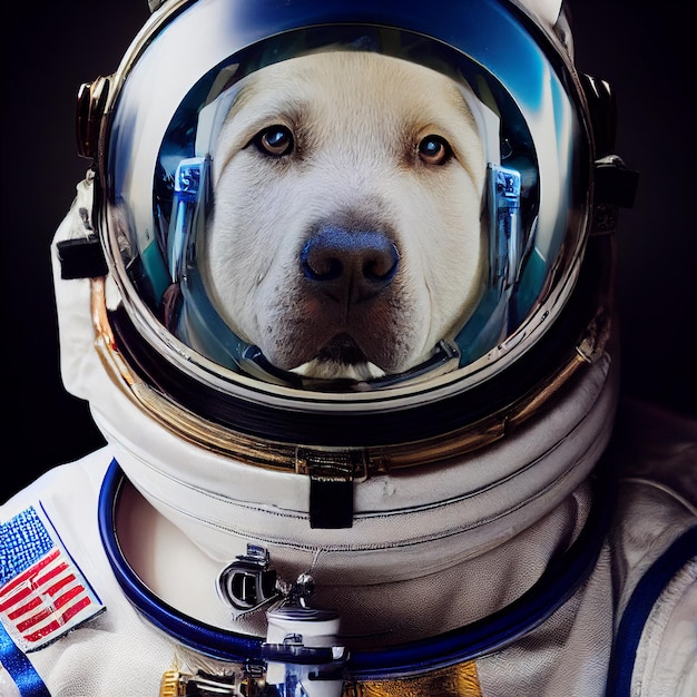 Ritratto di cane astronauta con illustrazione di rendering 3d uniforme della tuta spaziale