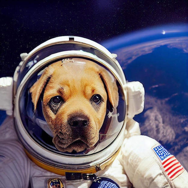 Ritratto di cane astronauta con illustrazione di rendering 3d uniforme della tuta spaziale