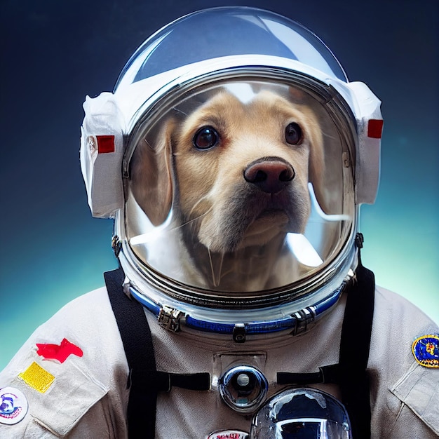 Ritratto di cane astronauta con illustrazione di rendering 3d uniforme della tuta spaziale