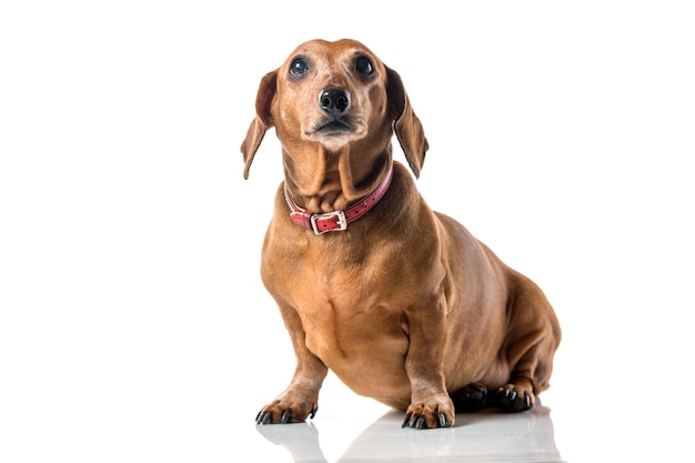 Ritratto di cane bassotto marrone isolato su sfondo bianco.