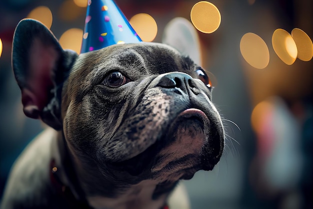 Ritratto di cane bulldog francese nero con cappello da festa a pois colorati