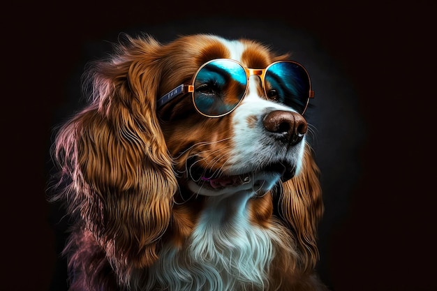 Ritratto di cane con occhiali da sole su uno sfondo scuro ai generativo