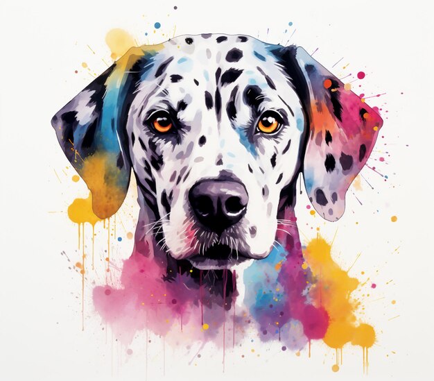Ritratto di cane dai colori vivaci con schizzi di vernice su sfondo bianco ai generativa