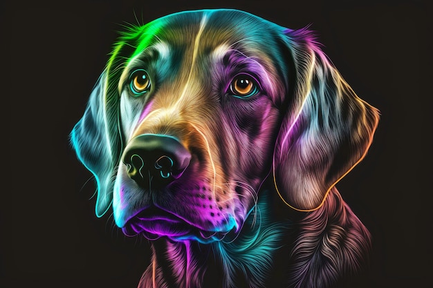 Ritratto di cane in colori al neon su uno sfondo scuro illustrazione ai generativa