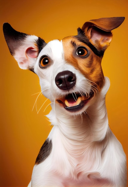 Ritratto di cane Jack Russell felice guarda l'oggetto con interesse divertente da vicino guardando la macchina fotografica