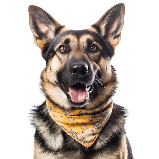 Ritratto di cane pastore tedesco soddisfatto in bandana gialla isolato su sfondo bianco generato ai