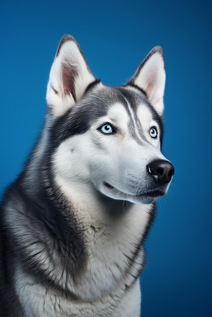 Ritratto di cane Siberian Husky su sfondo blu scuro per una rivista creata con strumenti di intelligenza artificiale generativa