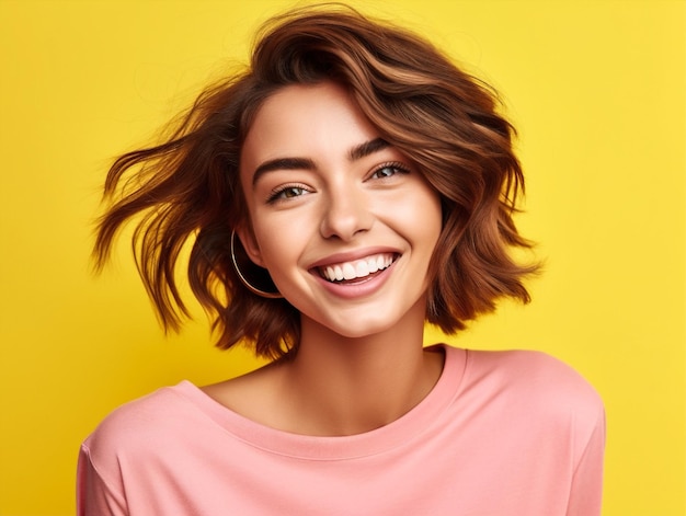 Ritratto di capelli donna giallo rosa bellezza alla moda un modello sorriso giovane AI generativa