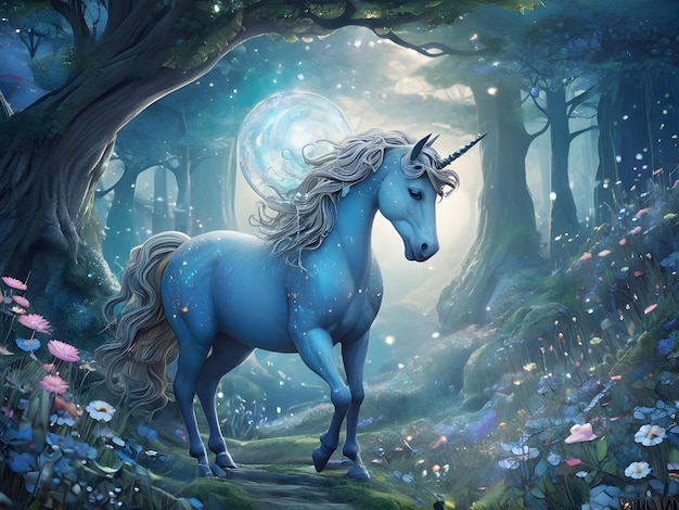 Ritratto di cavallo da traino bianco Percheron sullo sfondo blu della foresta ai generato