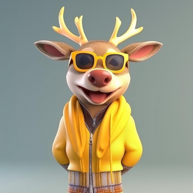 Ritratto di cervo cartone animato 3D che indossa abiti in piedi davanti alle luci dello studio generativo ai