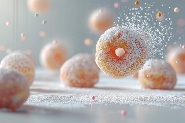 Ritratto di ciambelle di zucchero in polvere che cadono dall'alto su una superficie pulita con spazio vuoto AI generativa