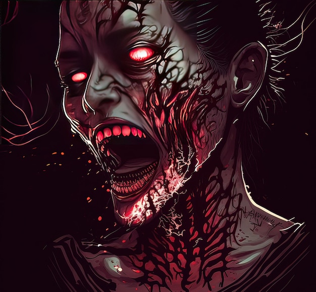 Ritratto di concetto di fantasia di una pittura dell'illustrazione di stile di arte digitale dello zombie a trentadue denti