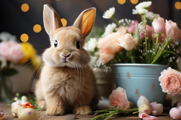 Ritratto di coniglio bambino carino con fiori Coniglietto simbolo del giorno di Pasqua