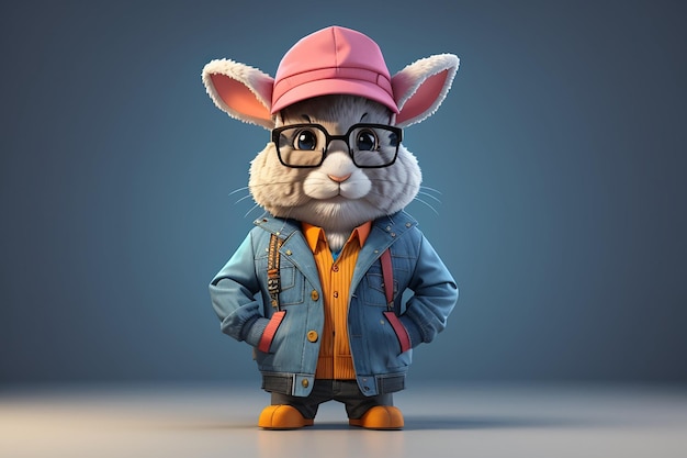 Ritratto di coniglio in cartone animato 3D con vestiti, occhiali, cappello e giacca in piedi davanti