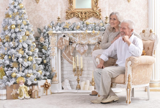 Ritratto di coppia anziana divertente che celebra il Natale vicino all'albero di abete