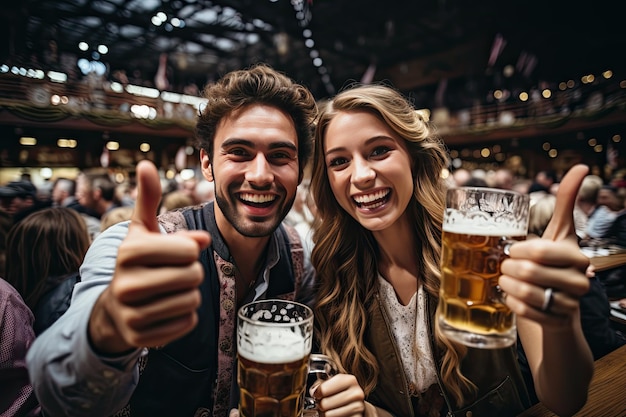 Ritratto di coppia che beve e tiene birre all'Oktoberfest