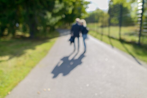 Ritratto di coppia defocused passeggiate nel parco lungo il percorso di verdi alberi lussureggianti in giornata di sole