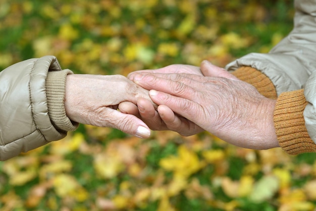 Ritratto di coppia di anziani che si tengono per mano nel parco autunnale