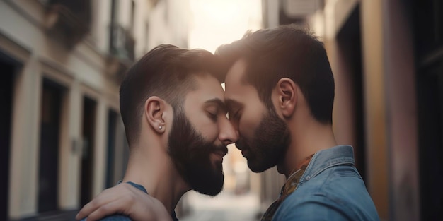Ritratto di coppia gay felice che abbraccia e bacia sulla strada Lgbt e concetto di amore IA generativa