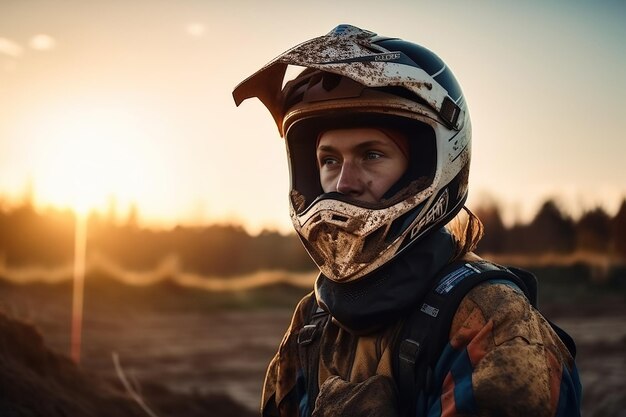 Ritratto di corridore sporco in casco su moto sportiva in una gara naturalistica IA generativa