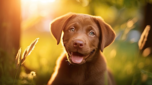 Ritratto di cucciolo marrone carino felice Labrador retriever con sfondo astratto fogliame bokeh tramonto Adorabile sorriso testa di cane sparata con foglia di albero verde primavera