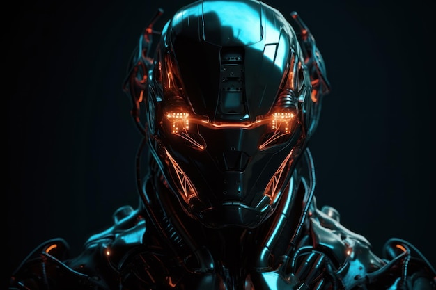 Ritratto di cyber man con armatura luminosa al neon e casco moderno con visiera robot bionomico cyberspac