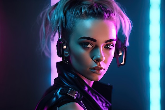 Ritratto di Cyberpunk bella giovane donna ritratto futuristico styl al neon