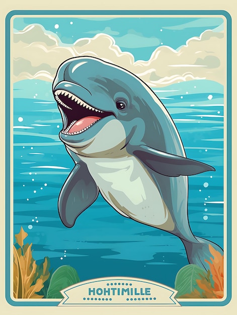 Ritratto di delfino che trasporta un pesce con posa che salta e poster vintage Beami 2D Flat Design Art