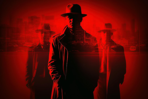 Ritratto di detective maschio in cappello con doppia esposizione Banner poster per film thriller e libro