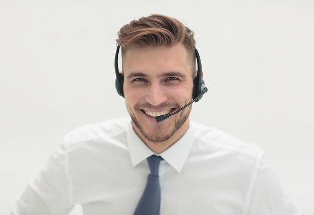 Ritratto di dipendente del call center con headsetphoto con spazio di testo