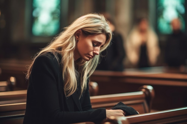 Ritratto di donna addolorata e in lutto in chiesa Giovane vedova IA generativa