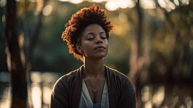 Ritratto di donna afro nella posizione del loto in posizione naturale sana donna matura africana che medita