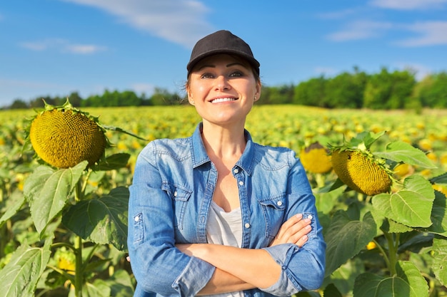 Ritratto di donna agronomo agricoltore in campo con girasole maturo Femmina sicura con le braccia incrociate guardando la fotocamera concetto di agricoltura agricola