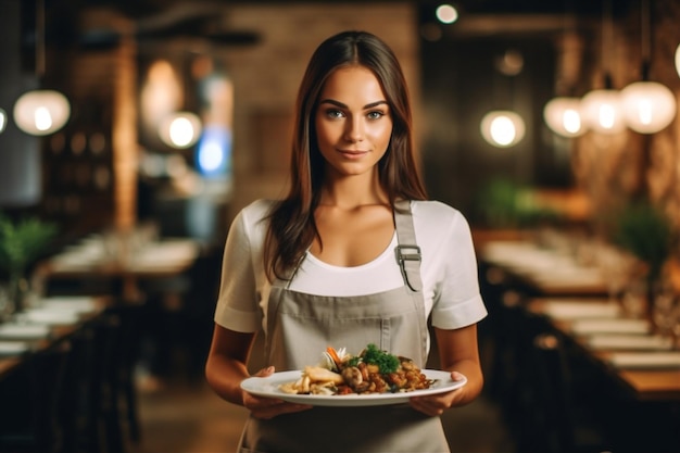 Ritratto di donna al chiuso in piedi che tiene giovane adulto cameriere ristorante lavoro cibo sorriso AI generativa