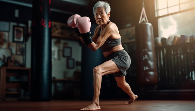 Ritratto di donna anziana asiatica in guanti da boxe in palestra su uno sfondo scuro