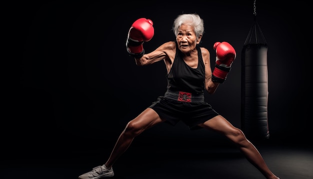 Ritratto di donna anziana asiatica in guanti da boxe in palestra su uno sfondo scuro