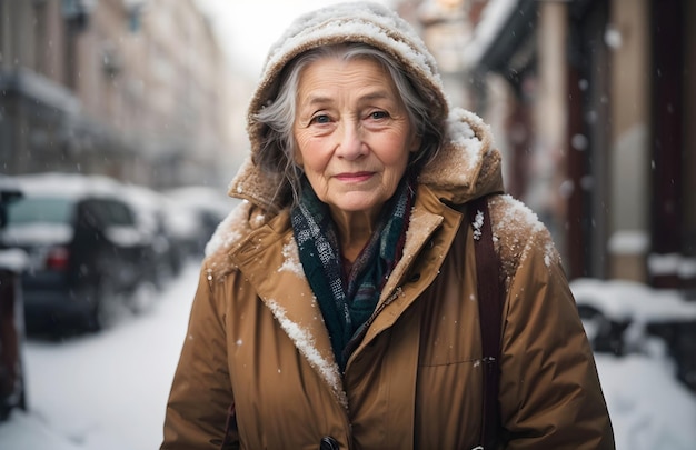 Ritratto di donna anziana che si distingue sulla neve invernale sfondo persone banner copia spazio testo